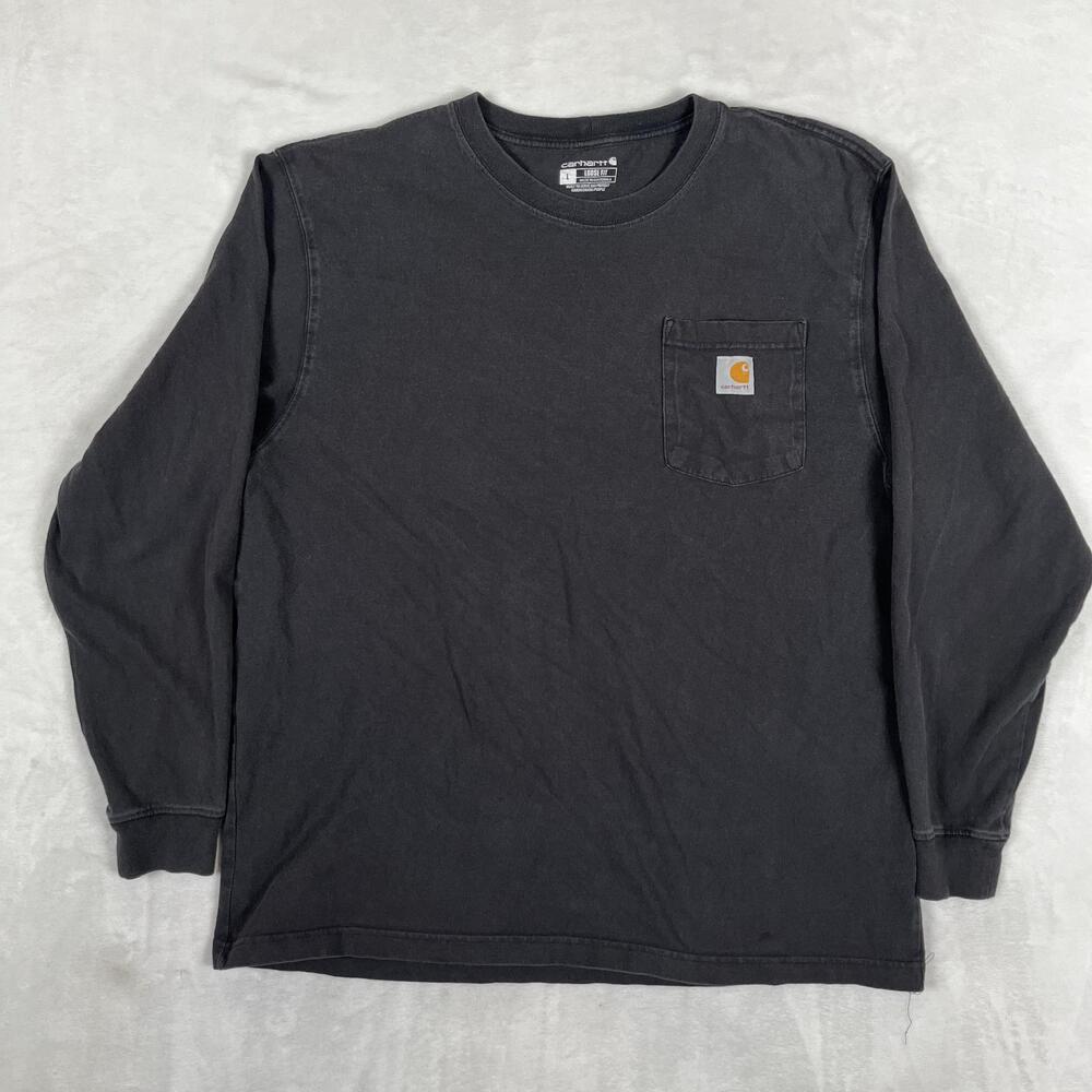 Carhartt Long Sleeve T-Shirt Mens Large Black Loose Fit Pocket Logo Workwear